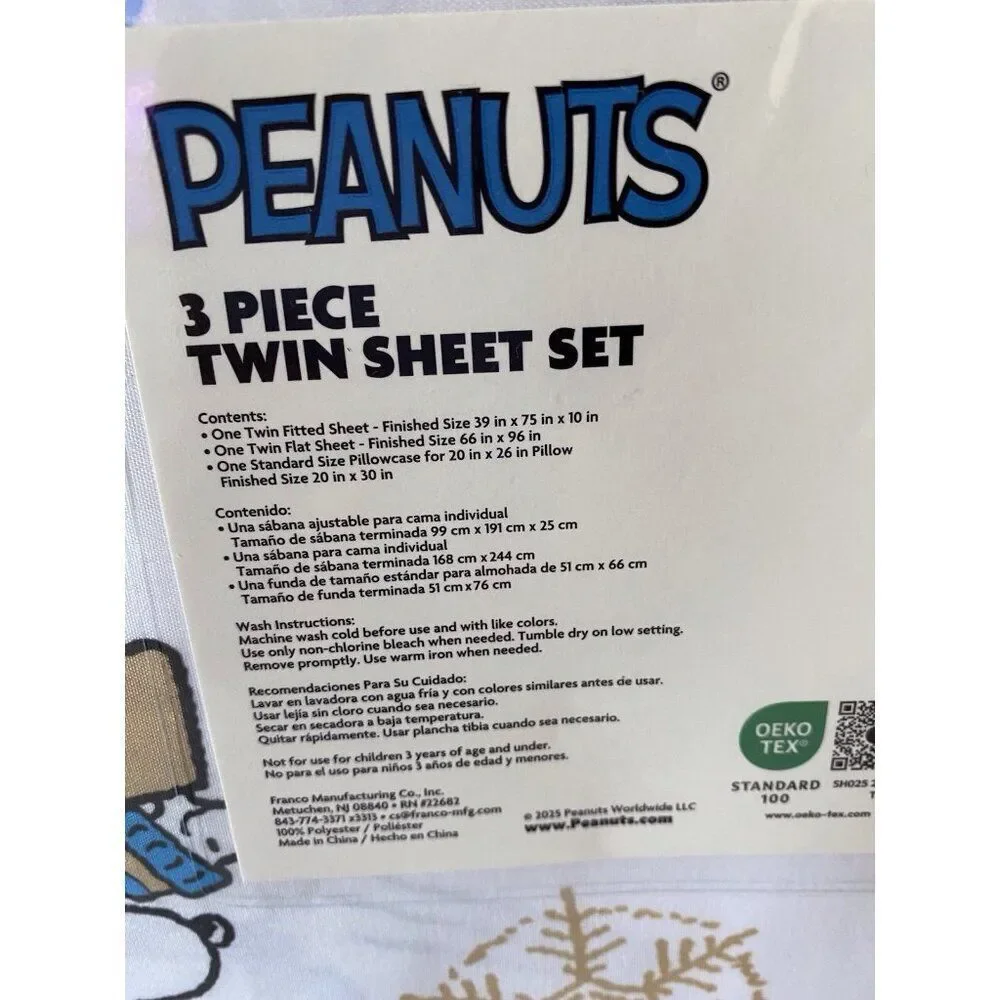 Peanuts Snoopy Puffy Coat TWIN SIZE Sheet Set Christmas Puffer Jacket White Blue